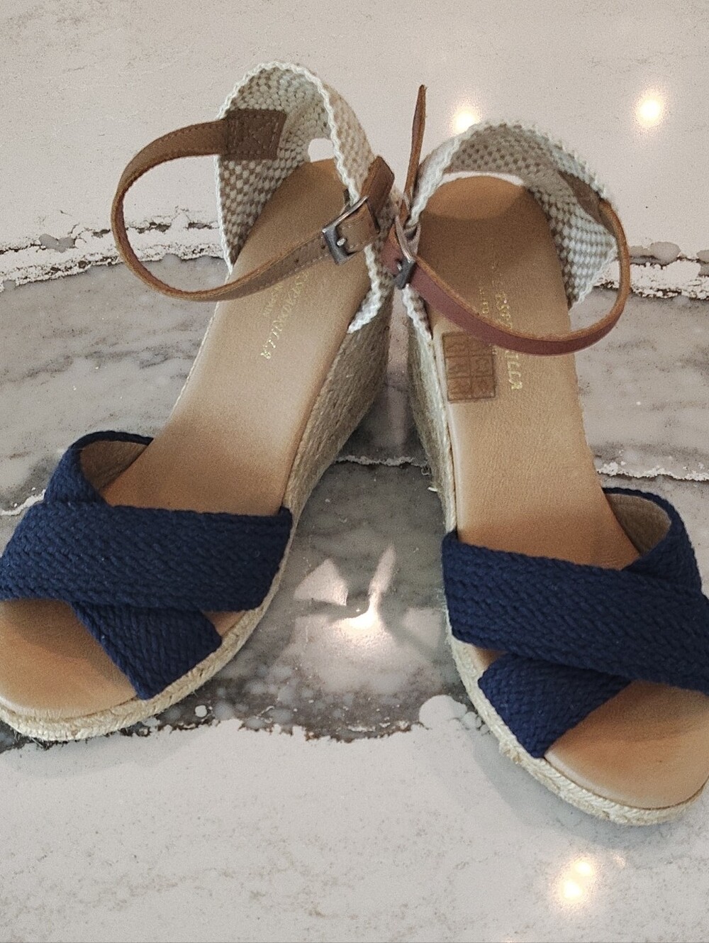 Navy Crisscross Beachy Coastal Espadrille Wedge Sandals with Tan Ankle Strap